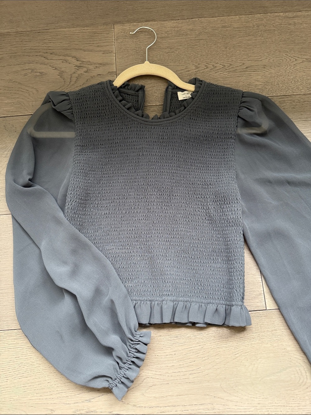Wilfred Slate Gray Smocked Ruffle Blouse